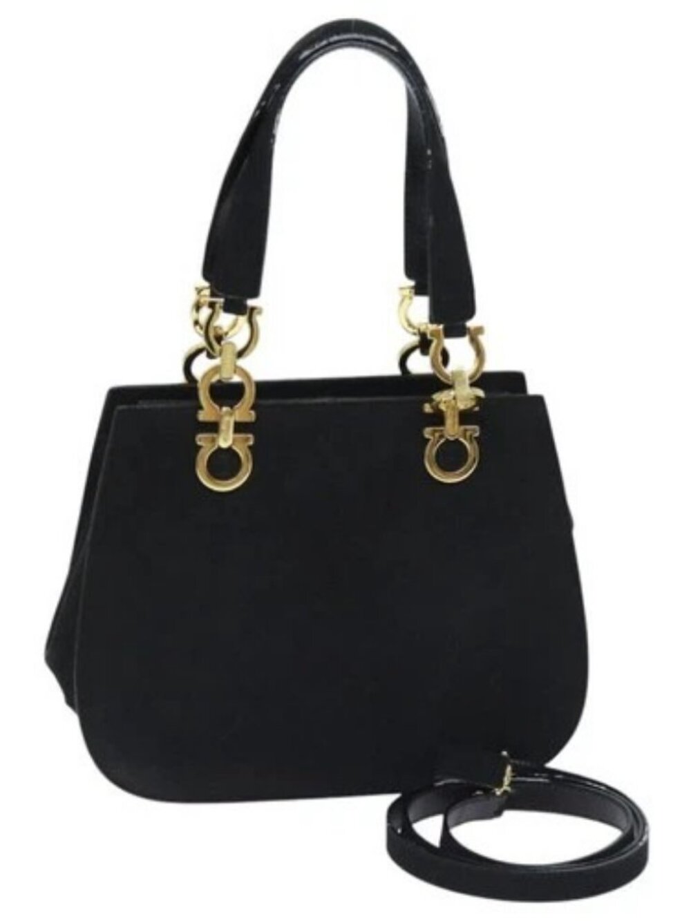 Salvatore Ferragamo Gancini Hand Bag Suede 2way Black Gold Auth 93549